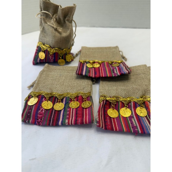 Set of 12 Henna Jute Drawstring Pouches with Decorative Coins and Colorful Trim - Picture 3 of 12